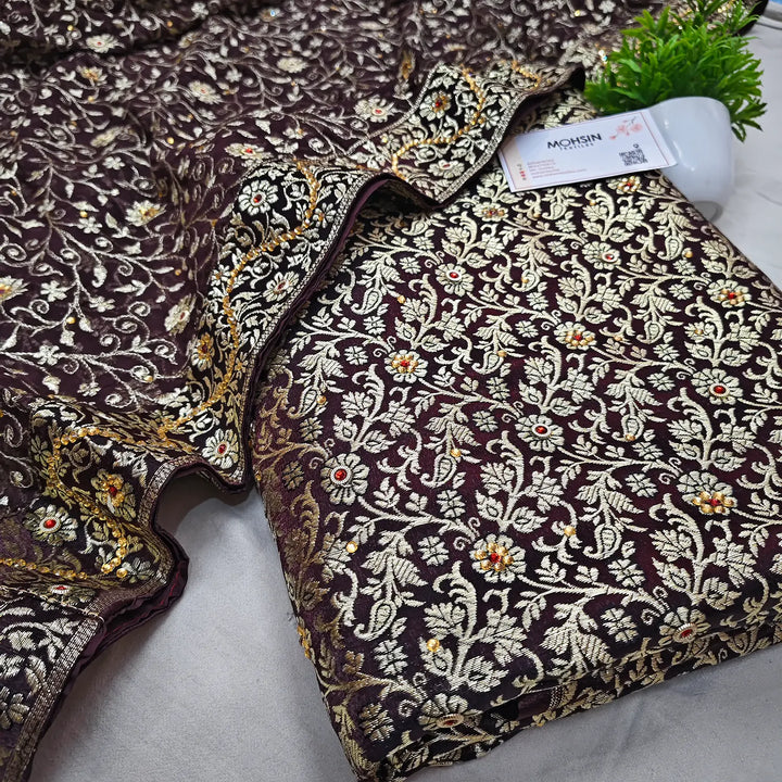 Brown Stone Work Kimkhab Silk Banarasi Gharara