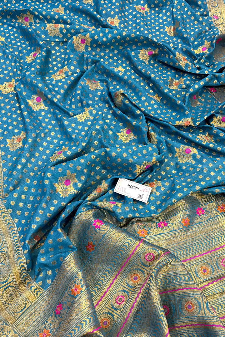 Firozi Golden Zari Dola Silk Banarasi Saree