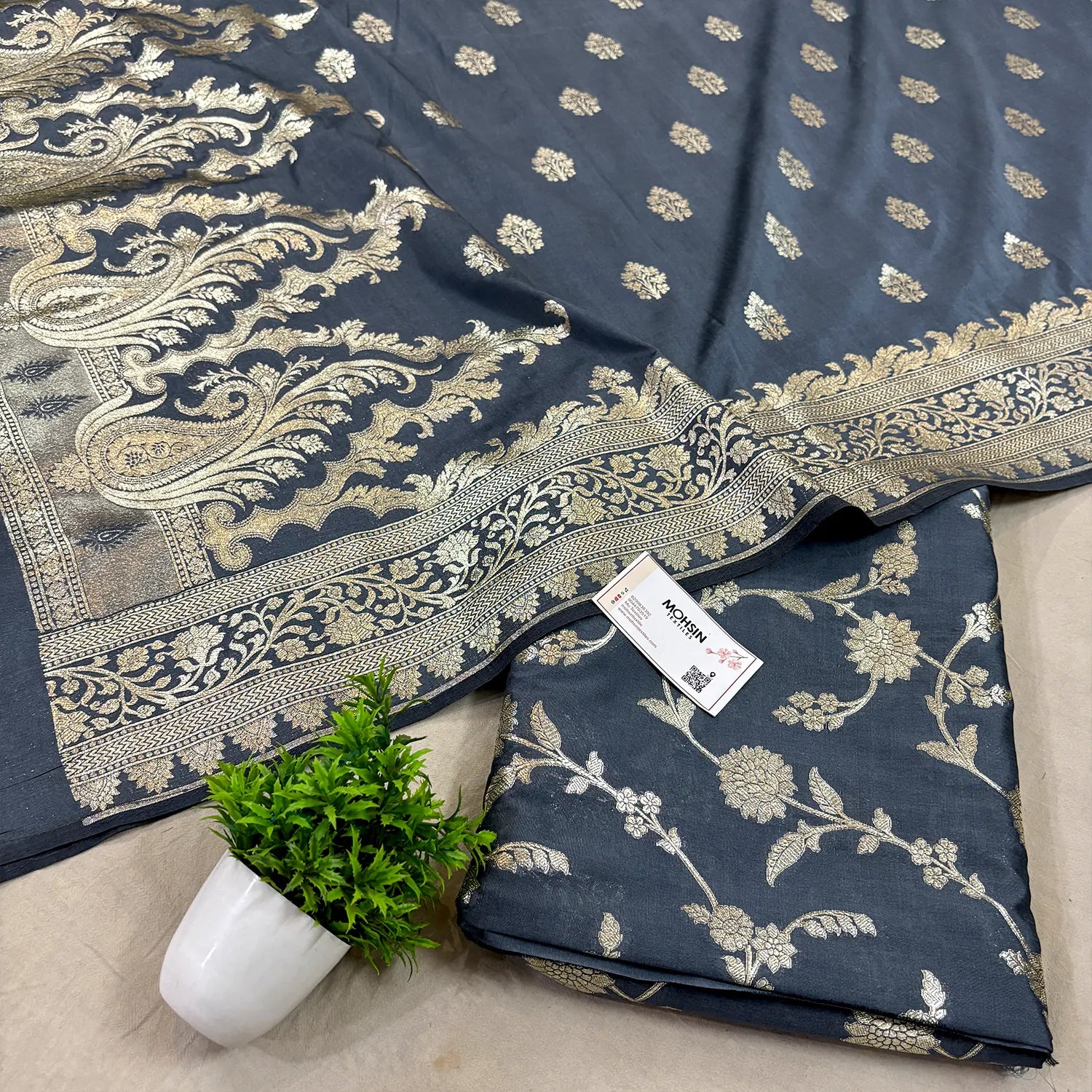 Grey Golden Zari Katan Silk Banarasi Suit