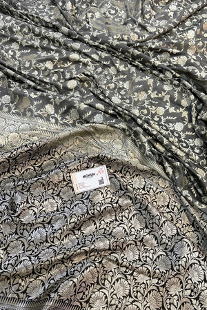 Grey and Black Gulabi Jaal Katan Silk Banarasi Saree