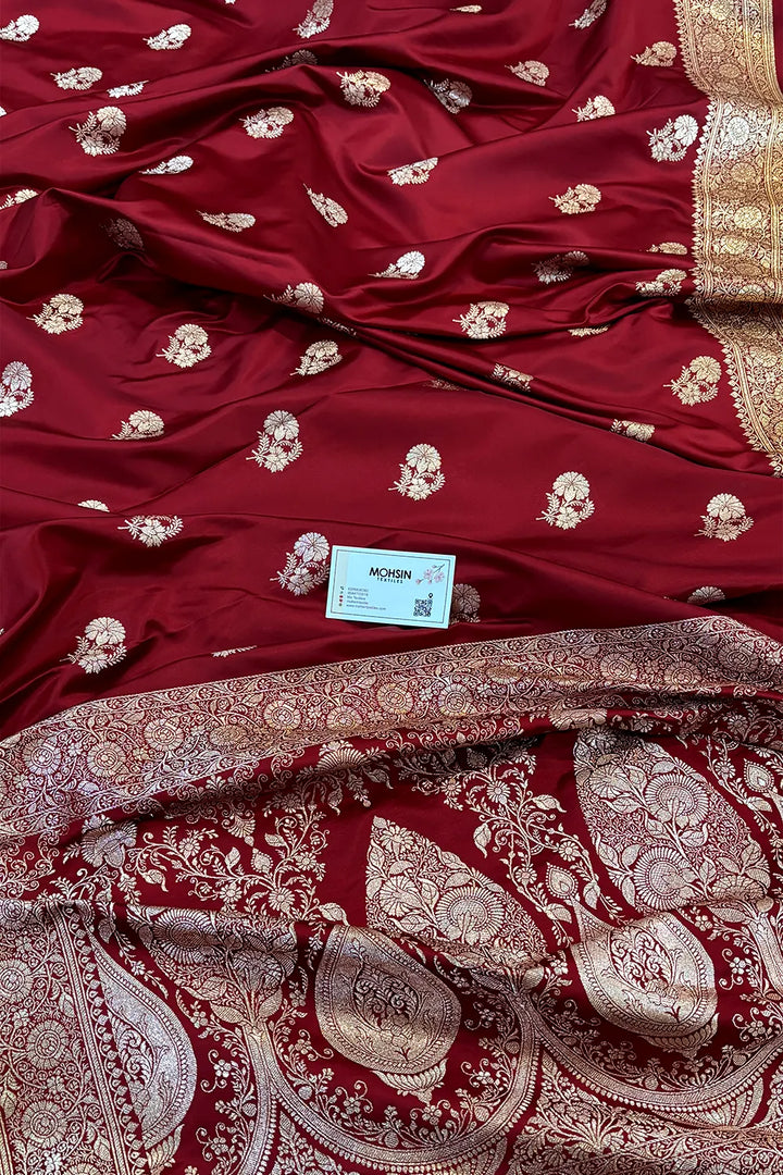 Maroon Golden Flower Katan Silk Banarasi Saree