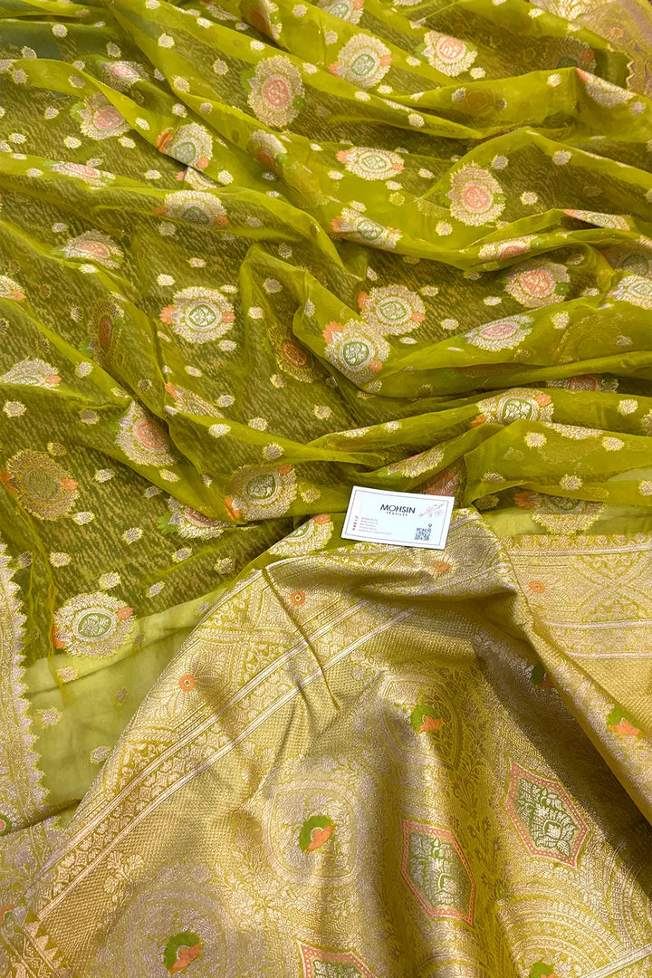 Mehendi Golden Zari Organza Silk Banarasi Saree