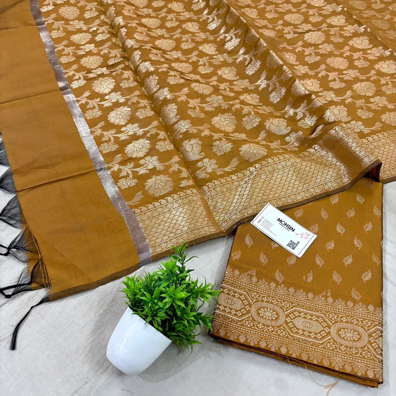 Mustard Sunehri Pankh Satin Silk Banarasi Suit