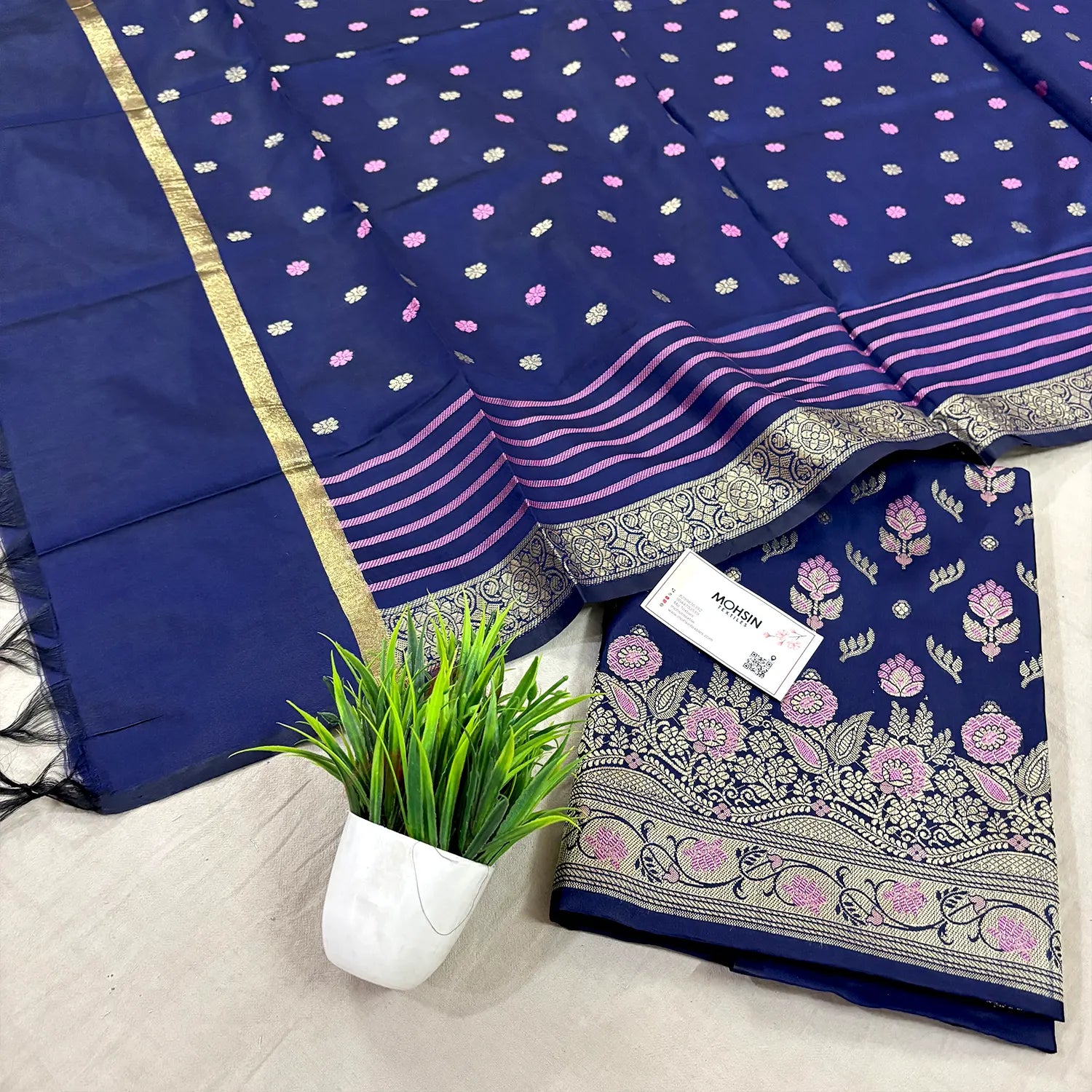 Navy Blue Golden Zari Satin Silk Banarasi Suit
