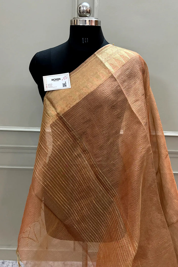 Orange Khaardaar Crush Tissue Silk Banarasi Saree