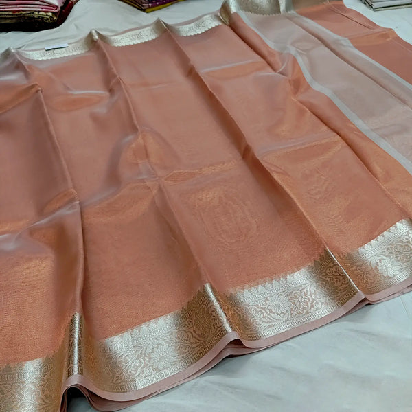 Orange Tarbana Plain Tissue Silk Banarasi Saree