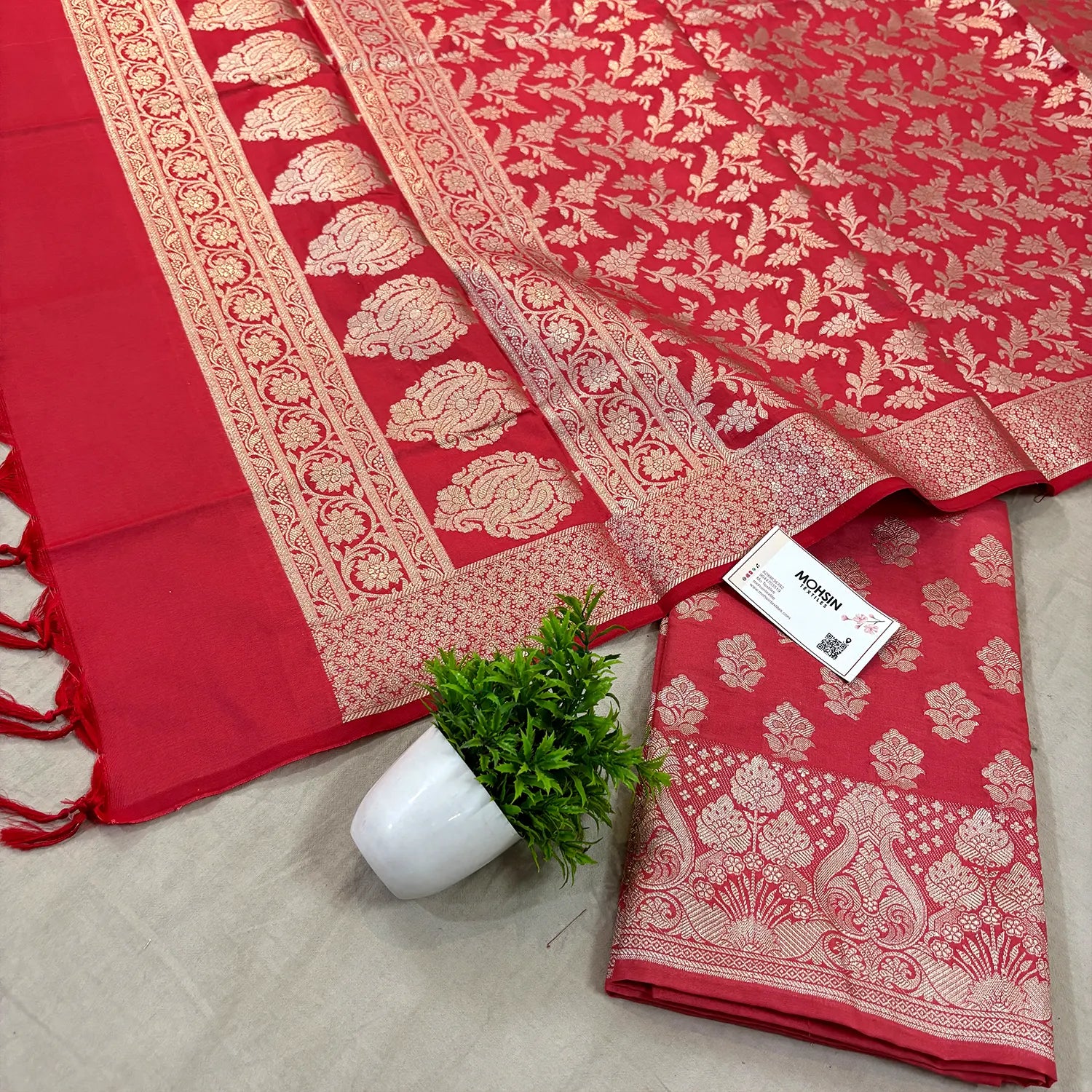 Peach Golden Zari Katan Silk Banarasi Suit