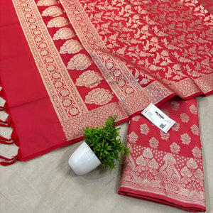 Peach Golden Zari Katan Silk Banarasi Suit