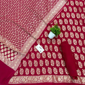 Pinkish Red Golden Zari Georgette Silk Banarasi Suit
