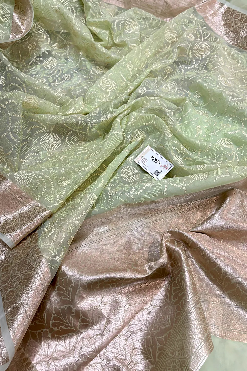 Pista Embroidery Organza Silk Banarasi Saree