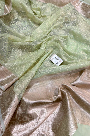 Pista Embroidery Organza Silk Banarasi Saree