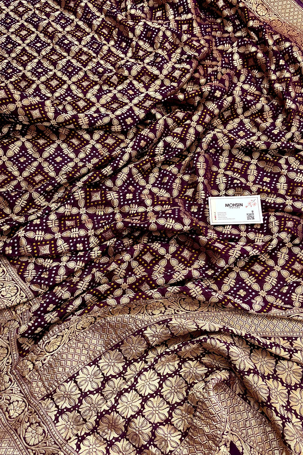 Purple Bandhej Georgette Silk Banarasi Saree