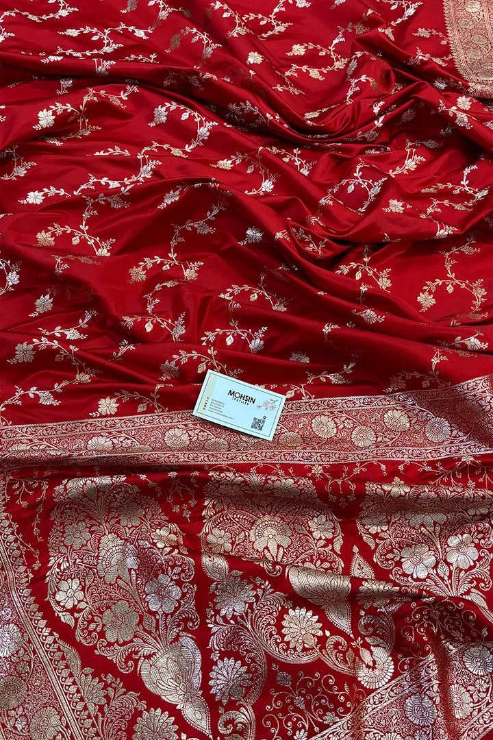 Red Jhadi Jaal Katan Silk Banarasi Saree