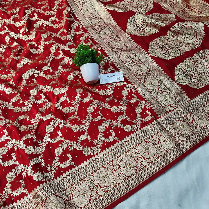 Red Moglai Jaal Stone Work Katan Banarasi Saree