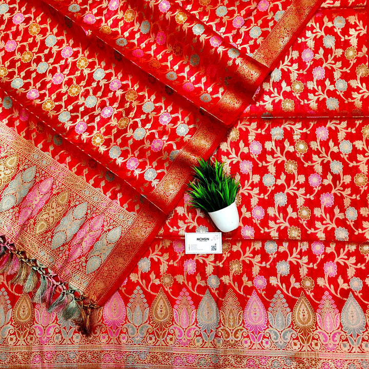 Red Tilfi Meenakari Satin Silk Banarasi Suit