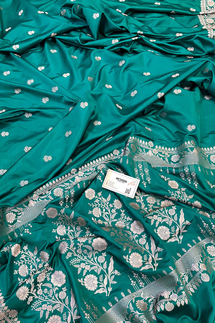 Teal Babri Buti Katan Silk Banarasi Saree