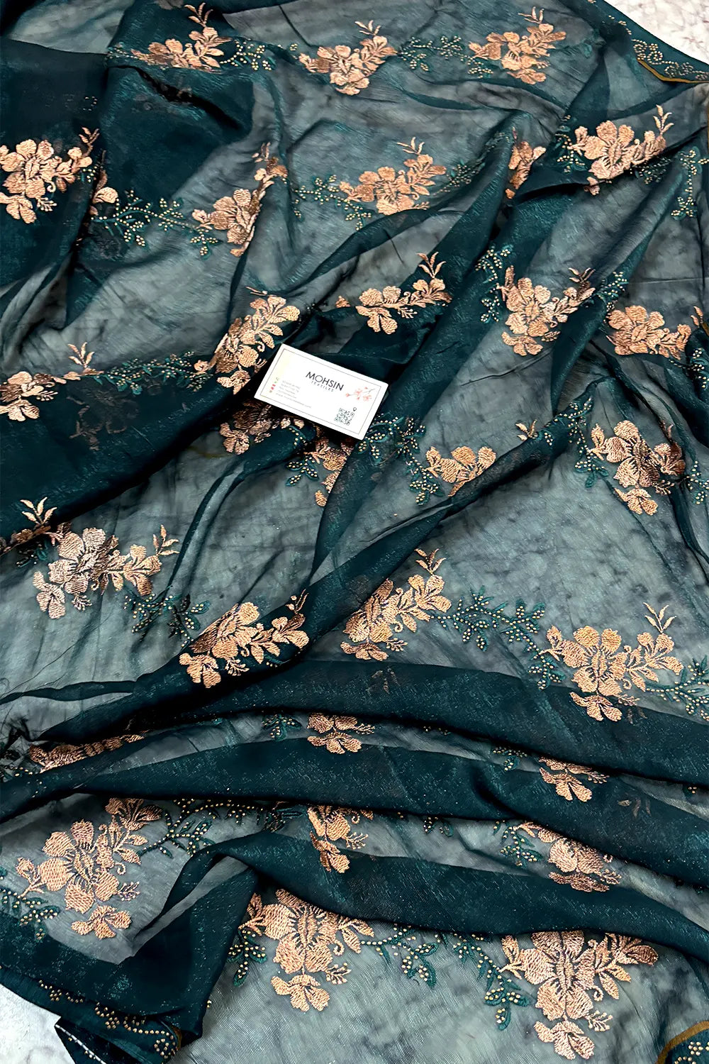 Teal Embordiery Siroski Work Georgette Silk Saree