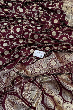 Wine Pankhuri Jaal Katan Silk Banarasi Saree