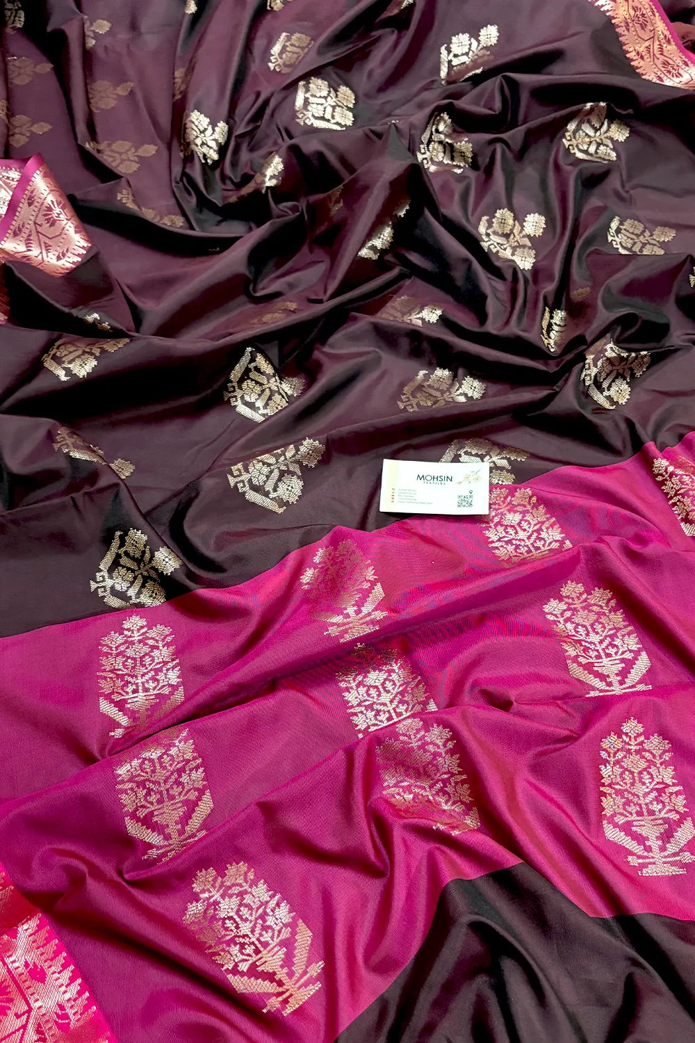 Wine and Pink Golden Zari Banarasi Silk Saree