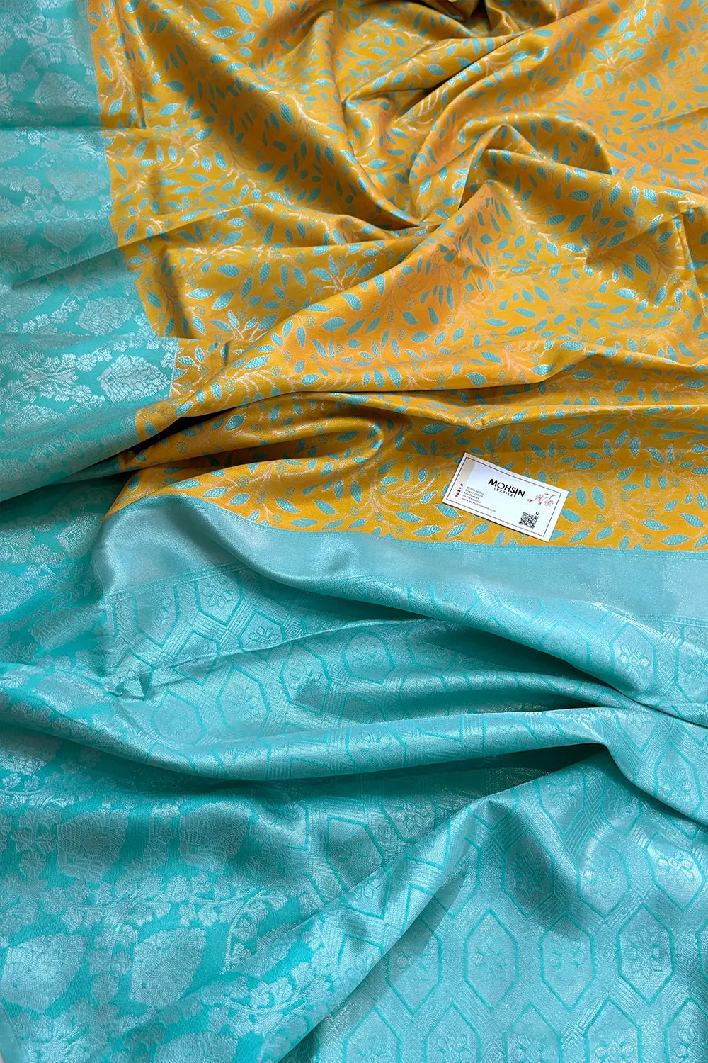 Yellow and Firozi Resham Zari Banarasi Silk Saree