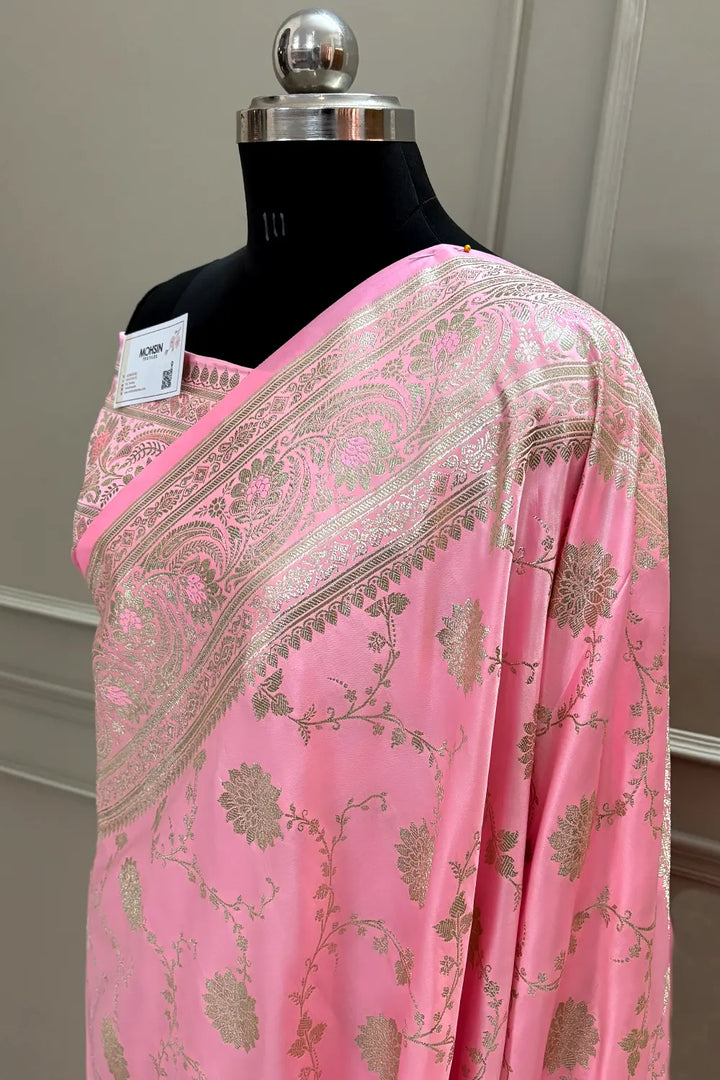 Baby Pink Golden Zari Katan Silk Banarasi Saree