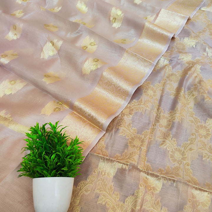 Beige Golden Zari Banarasi Silk Salwar Suit