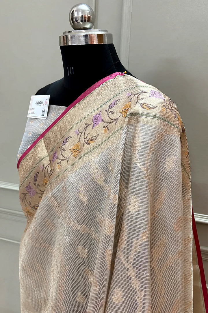 Beige Golden Zari Tissue Silk Banarasi Saree