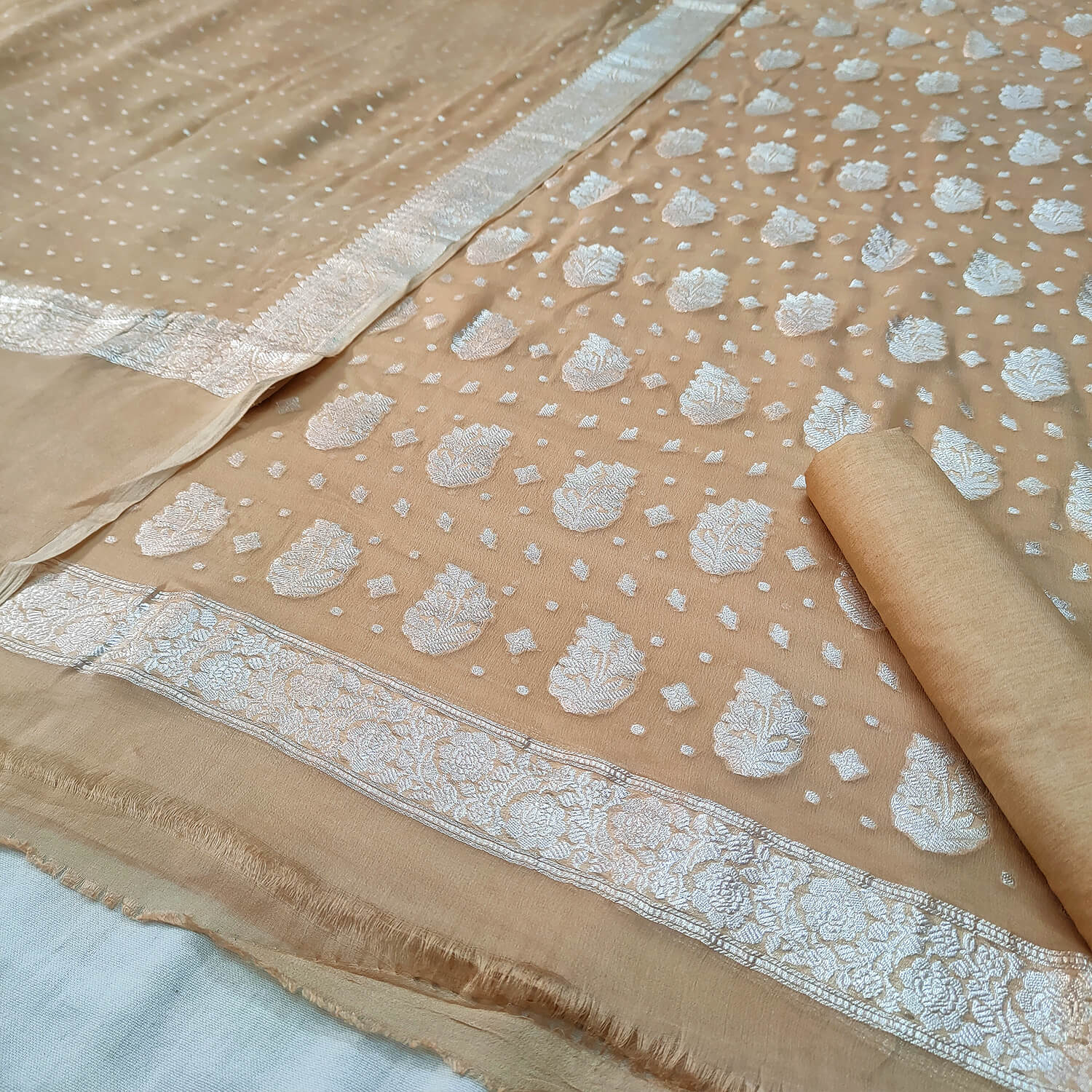 Beige Silver Zari Handloom Georgette Banarasi Suit