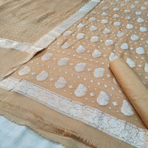 Beige Silver Zari Handloom Georgette Banarasi Suit