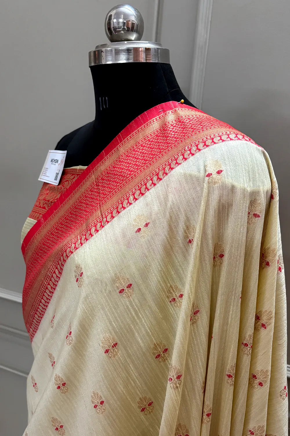 Beige and Red Golden Zari Linen Silk Banarasi Saree