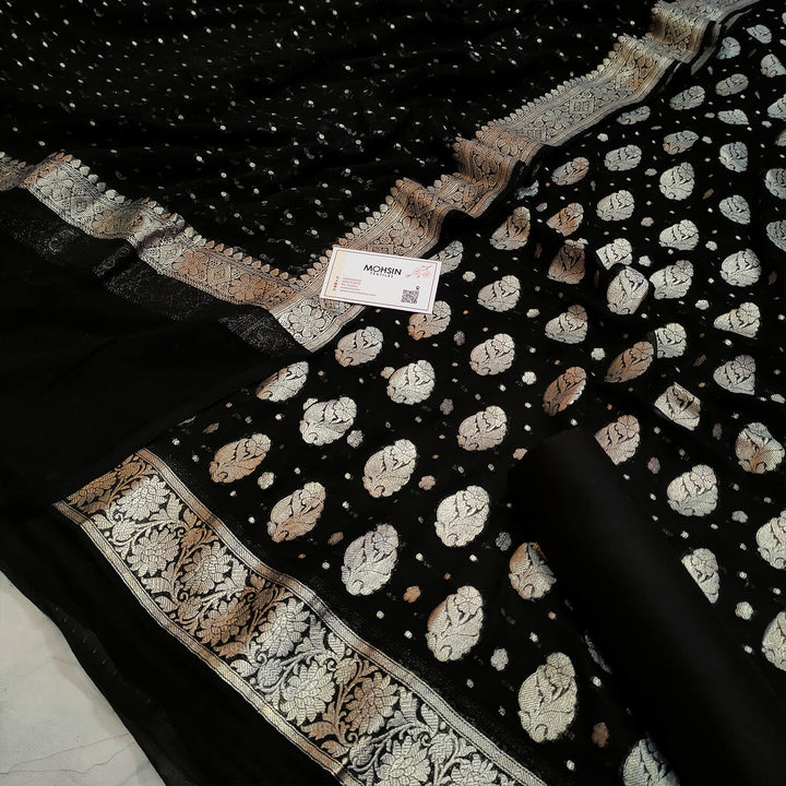 Black Silver Zari Handloom Georgette Banarasi Suit