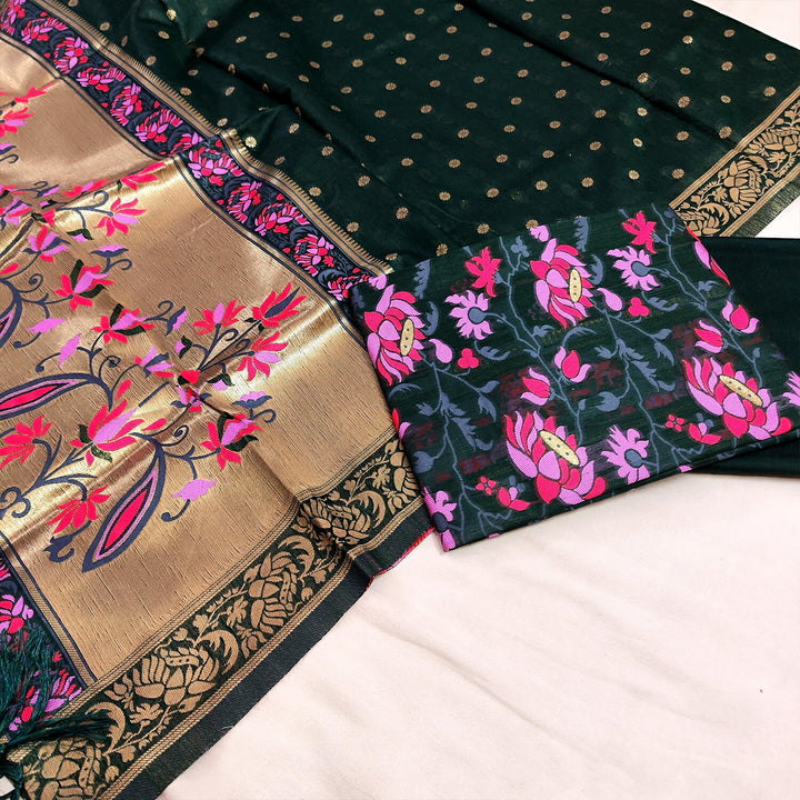 Black Jamdani Pink Meenakari Satin Silk Banarasi Suit