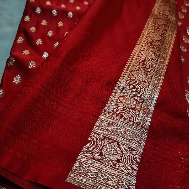 Blood Red Handloom Pure Katan Silk Banarasi Saree