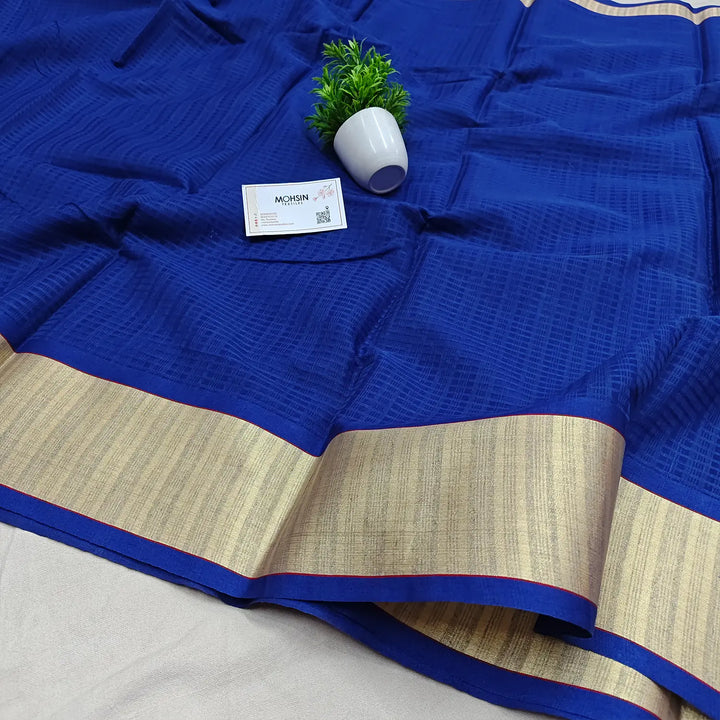 Blue Moonga Check Plain Banarasi Silk Saree