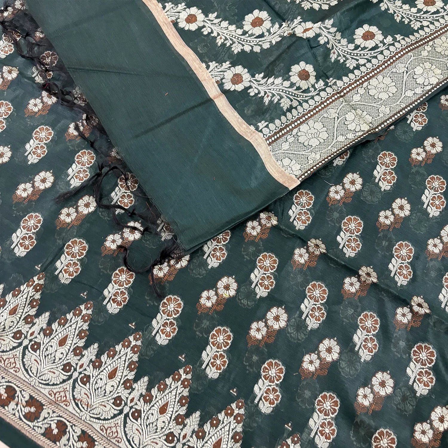Bottle Green Fan Flower Banarasi Silk Suit