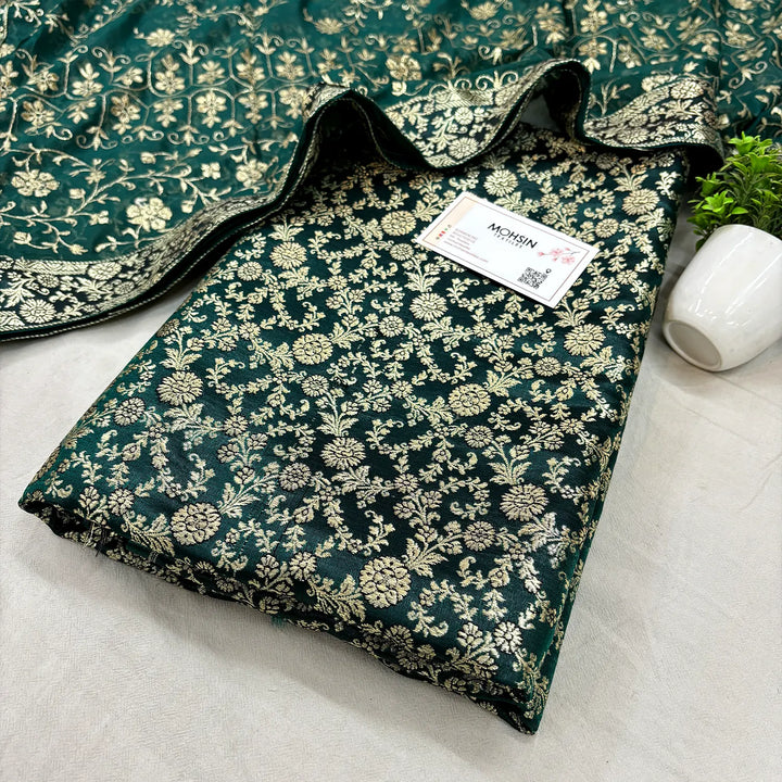 Bottle Green Golden Zari Kimkhab Silk Banarasi Gharara