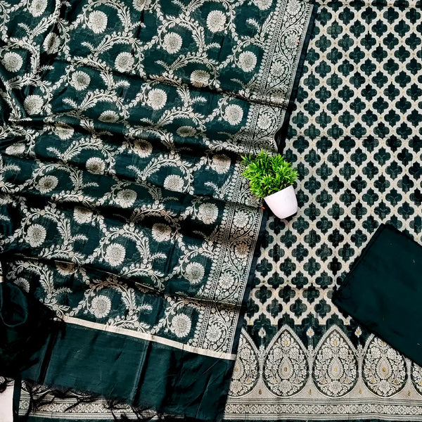 Bottle Green Mehraabi Jangla Banarasi Silk Suit