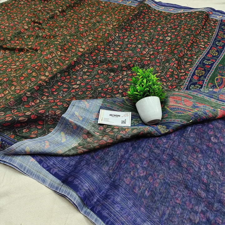 Brown and Blue Printed Cotton Silk Banarasi Saree