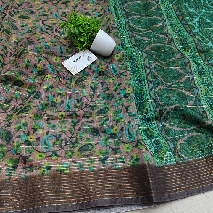 Brown and Green Printed Cotton Silk Banarasi Saree