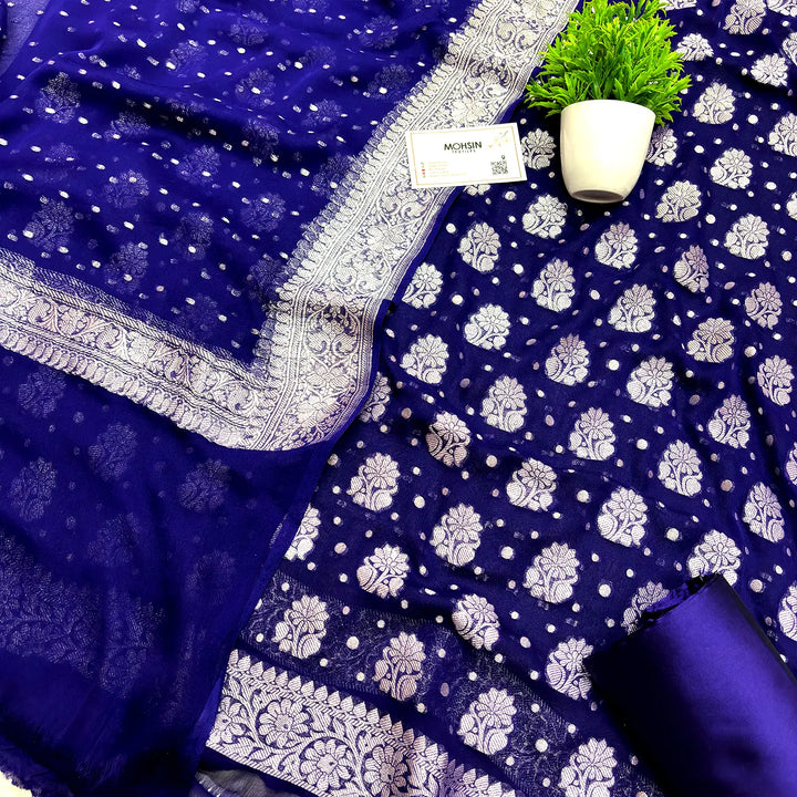 Dark Blue Handloom Georgette Silk Banarasi Suit