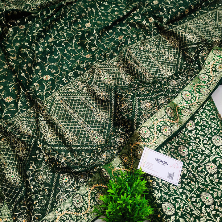 Dark Green Stone Work Kimkhab Silk Banarasi Gharara