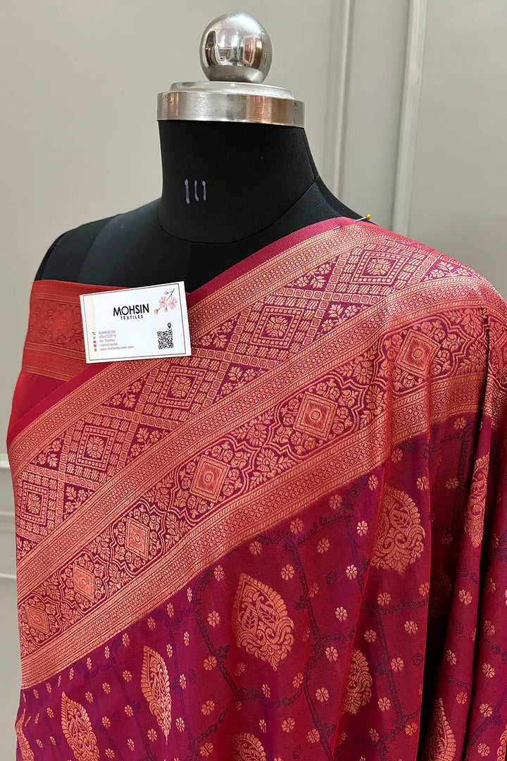 Dark Magenta Antique Zari Satin Silk Banarasi Saree