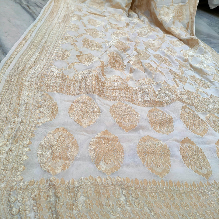 Dyeable Wedding White Handloom Khaddi Georgett Banarasi Saree 