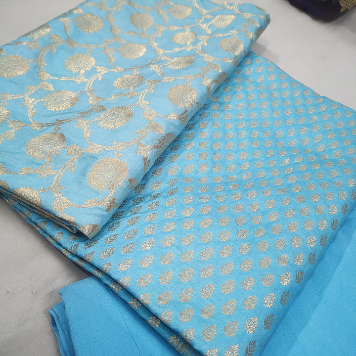 Firozi Golden Zari Katan Silk Banarasi Suit