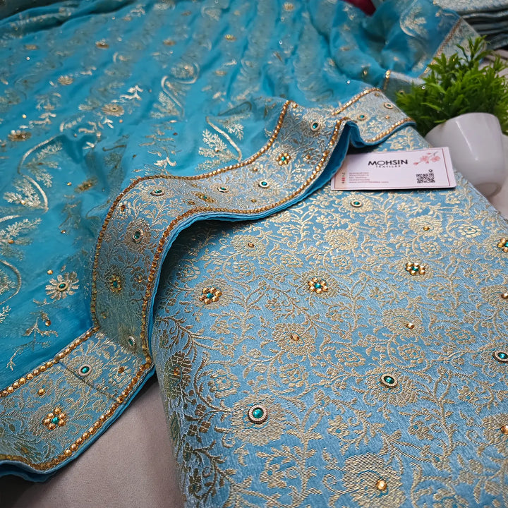 Firozi Stone Work Kimkhab Silk Banarasi Gharara