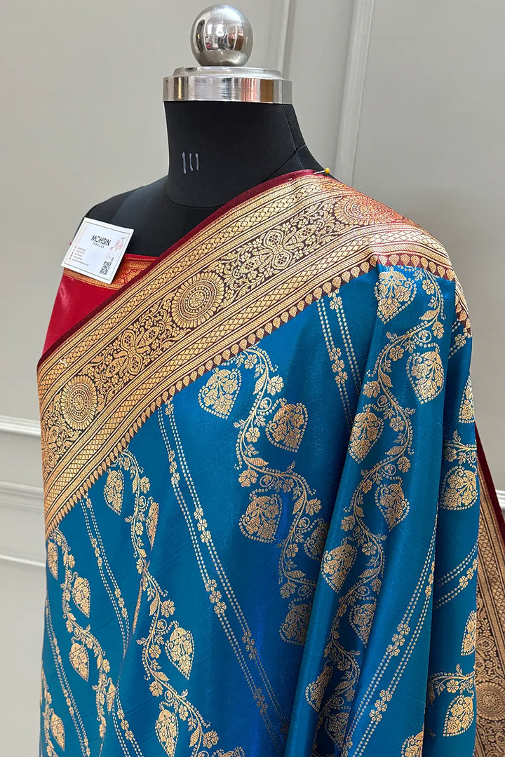 Firozi and Red Latar Patti Katan Silk Banarasi Saree