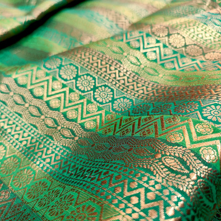 Green Golden Zari Satin Silk Banarasi Fabric