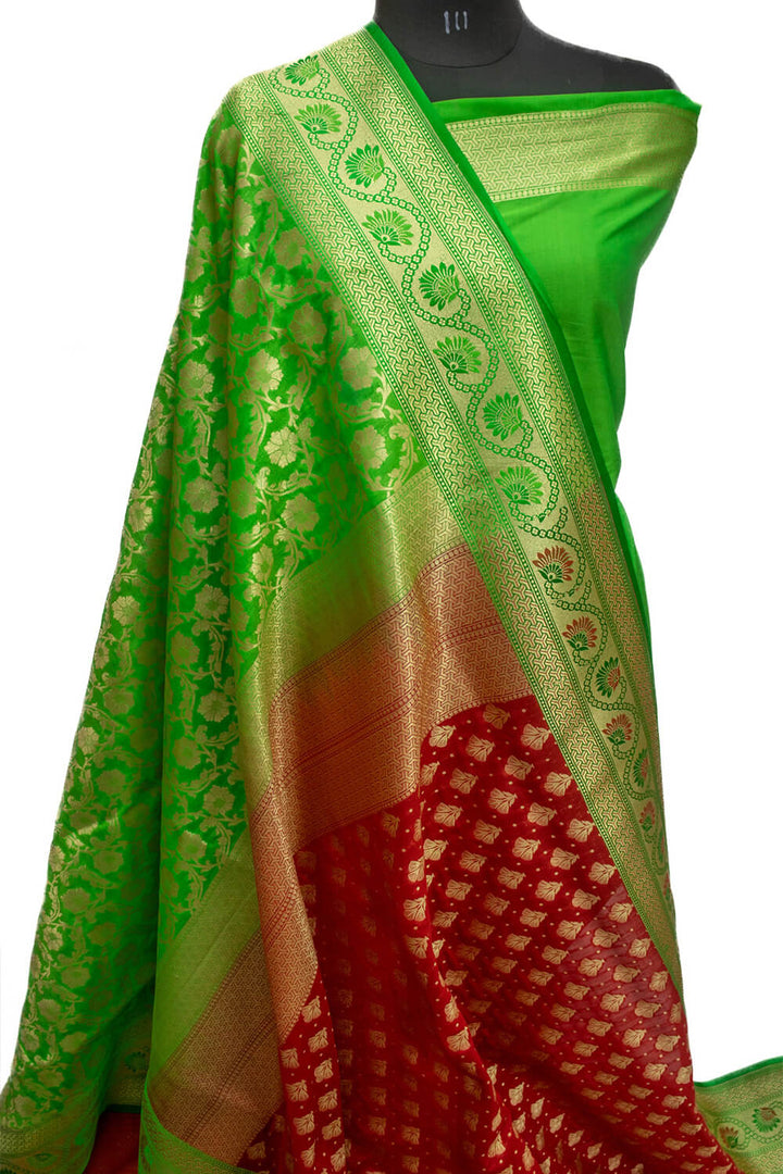 Green and Red Contrass Katan Silk Banarasi Saree