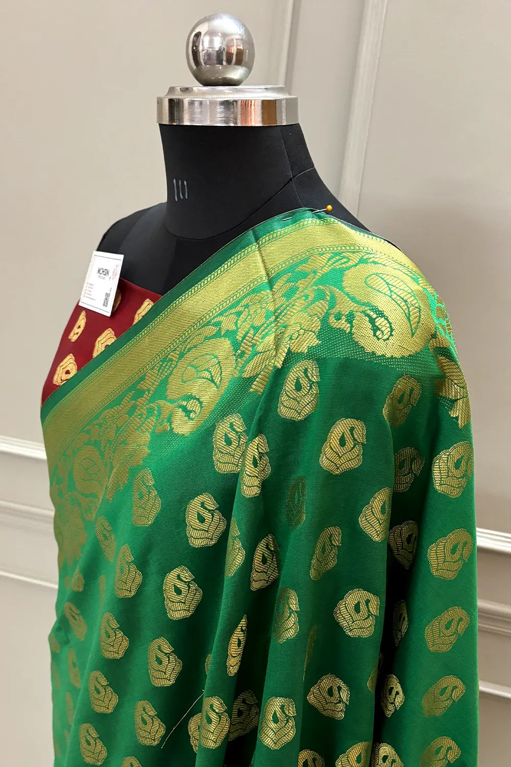 Green and Red Golden Zari Satin Silk Banarasi Saree