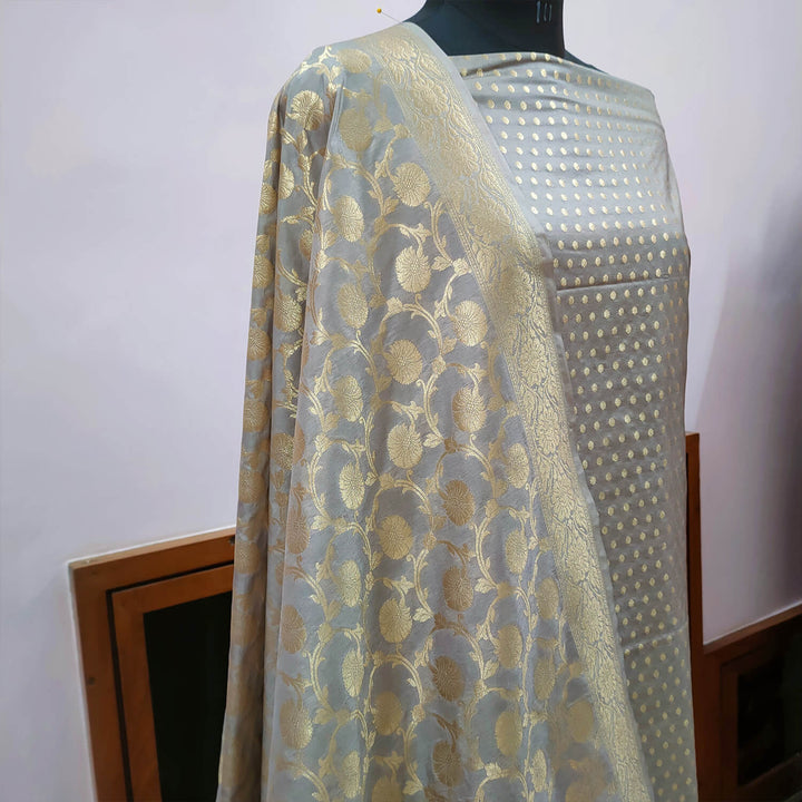 Grey Chunri Pattern Katan Silk Banarasi Suit